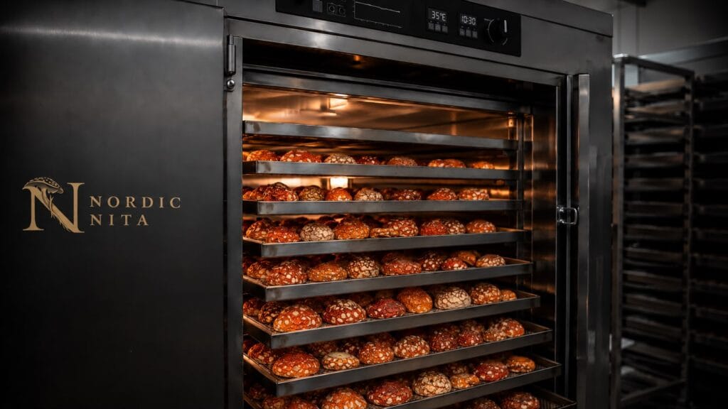 Dried Amanita caps in a professional drying oven