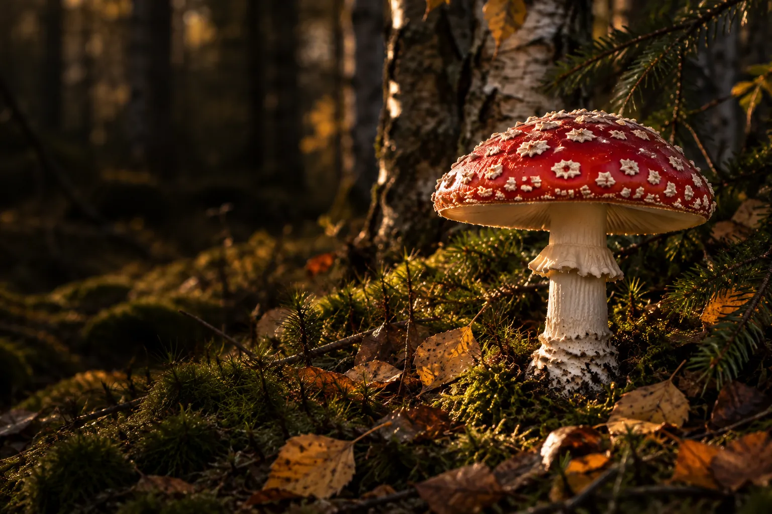 Fly agaric (Amanita muscaria) with a red cap and white spots growing in moss under birch trees in a Nordic forest