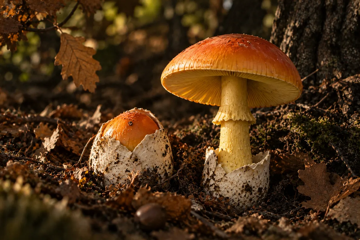 Oronja (Amanita caesarea) con sombrero naranja saliendo de su huevo blanco en un robledal