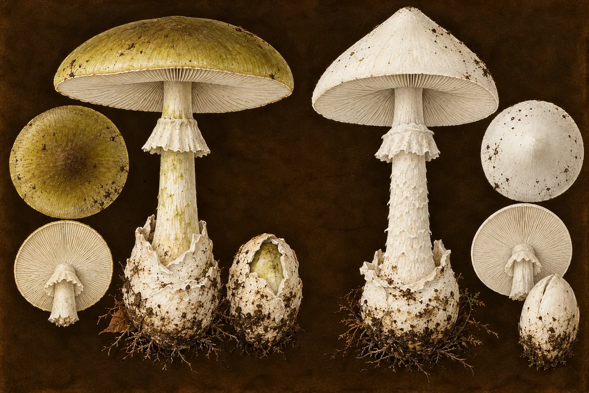 Botanical illustration of the deadly death cap and destroying angel mushrooms