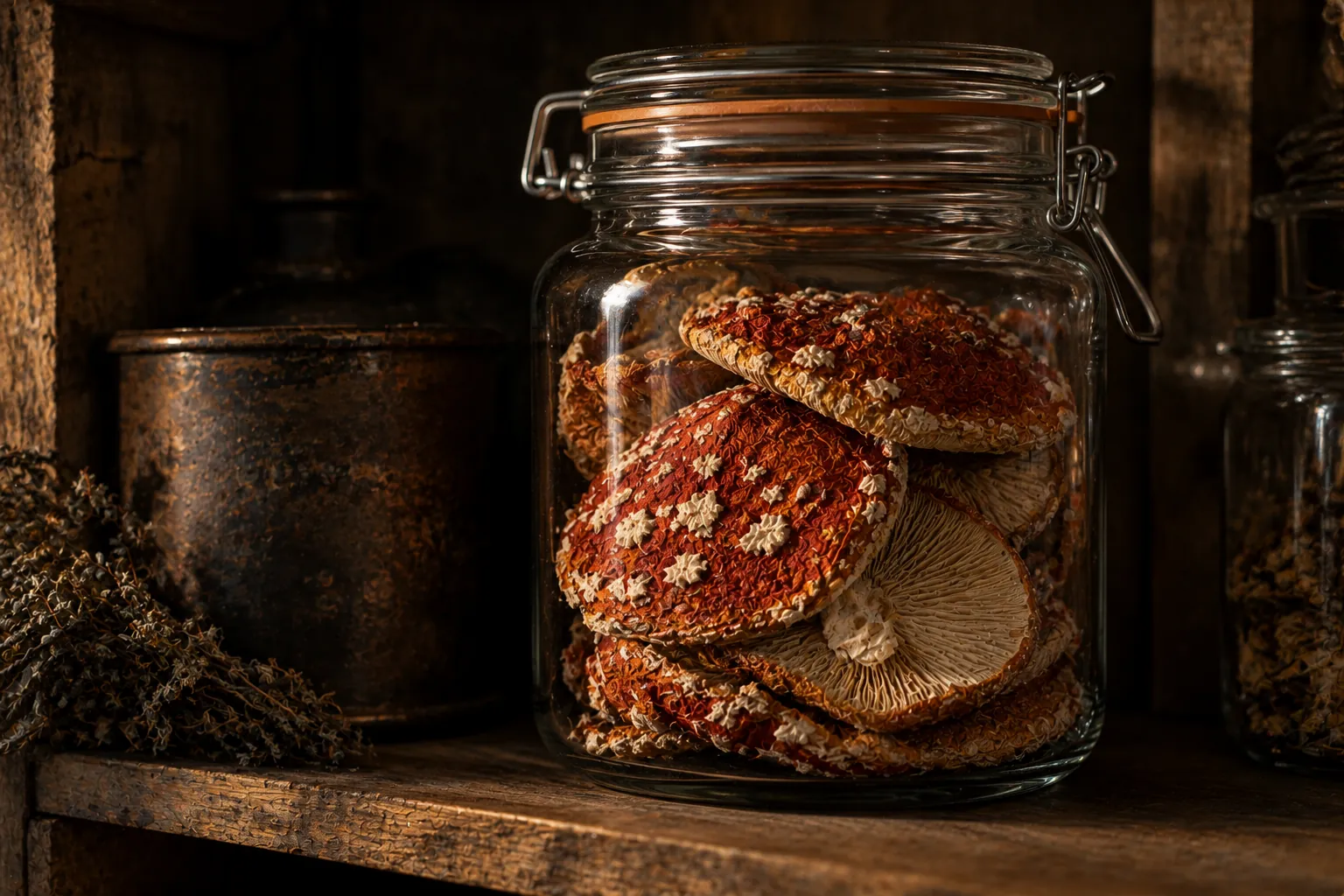 Sombreros enteros de Amanita seca guardados en un tarro de cristal hermético en una estantería oscura