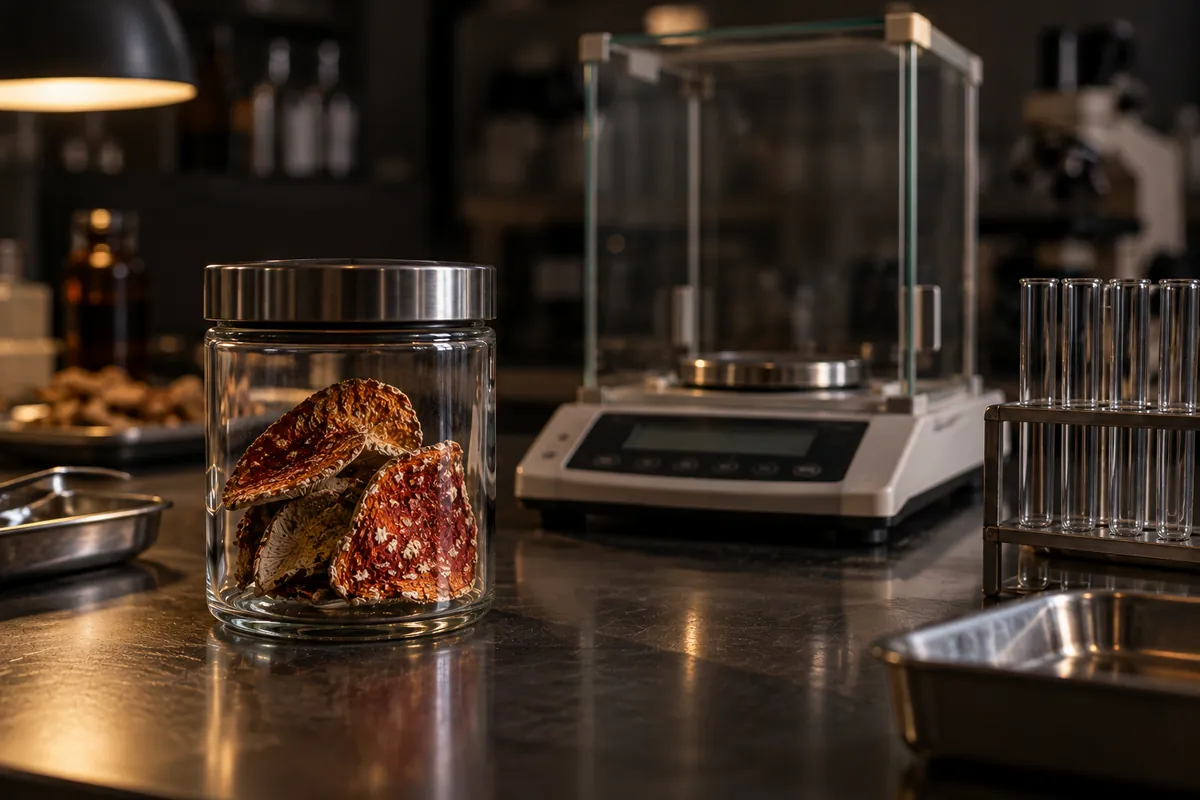 A sample of dried Amanita mushroom in a glass jar on a laboratory bench next to an analytical balance