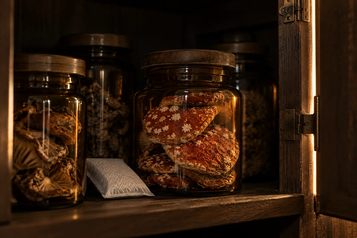 Sombreros de Amanita seca en un tarro de cristal ámbar en un armario oscuro con un sobre antihumedad