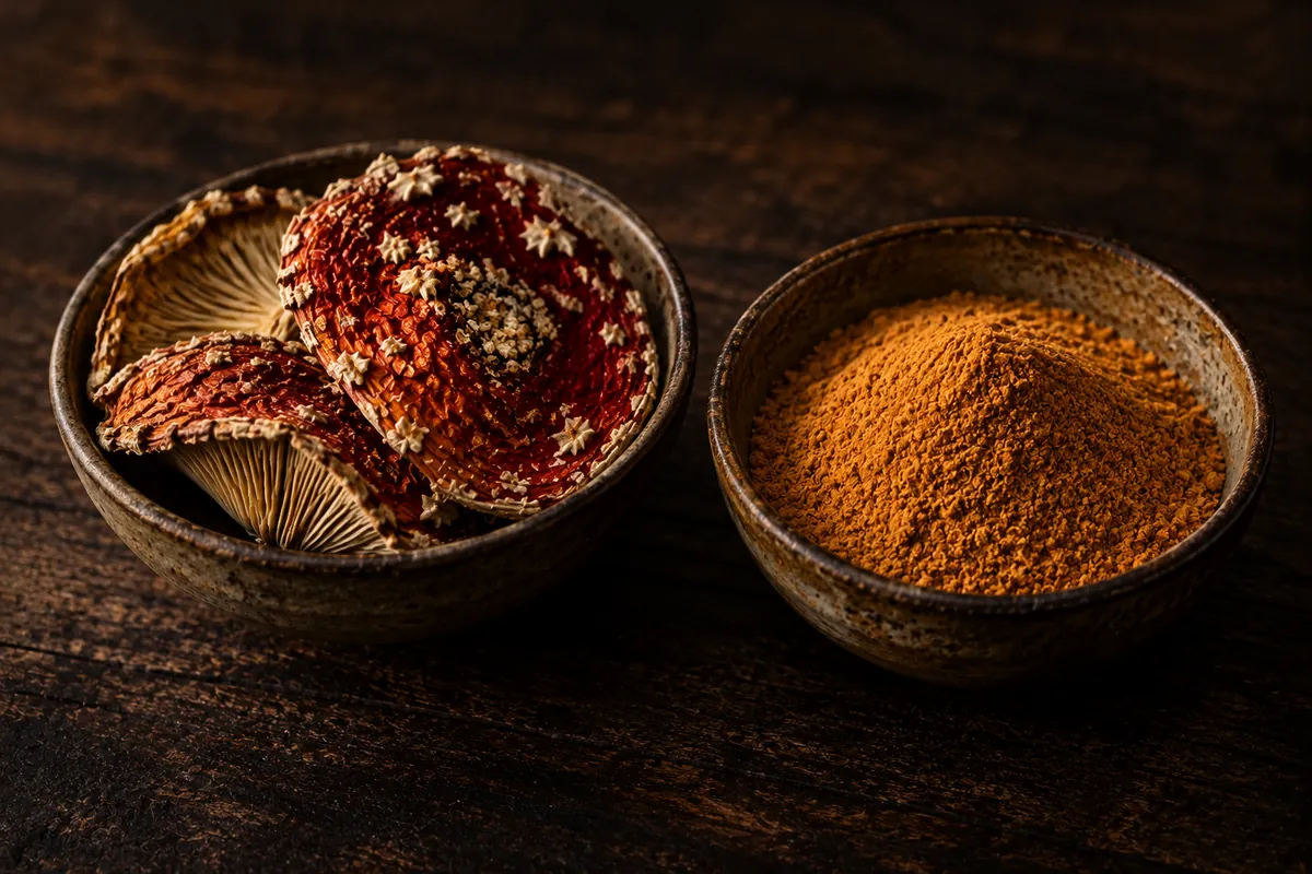 Whole dried Amanita caps in one bowl next to Amanita powder in another bowl