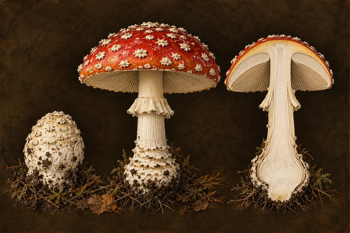 Botanical illustration of fly agaric showing the button stage, the whole mushroom and a cross-section with gills, ring and bulb