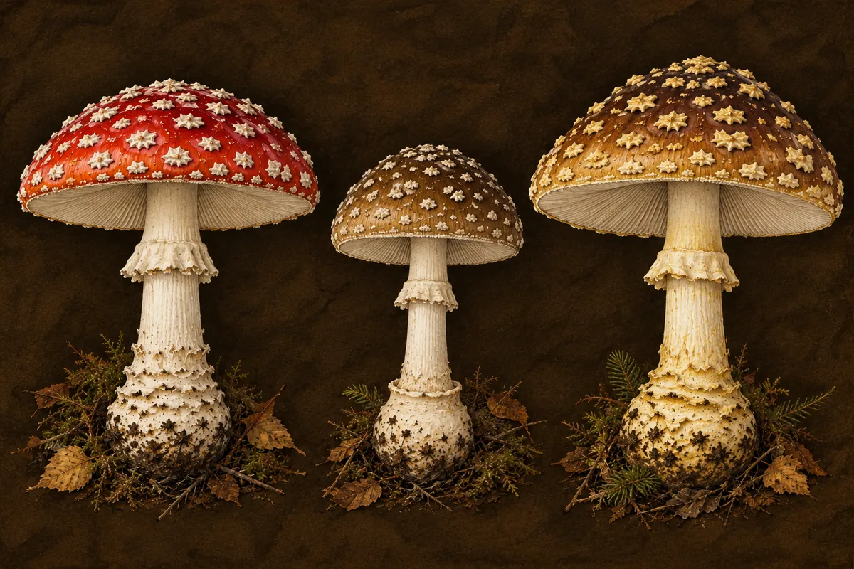 Illustration comparing fly agaric, panther cap and royal fly agaric side by side