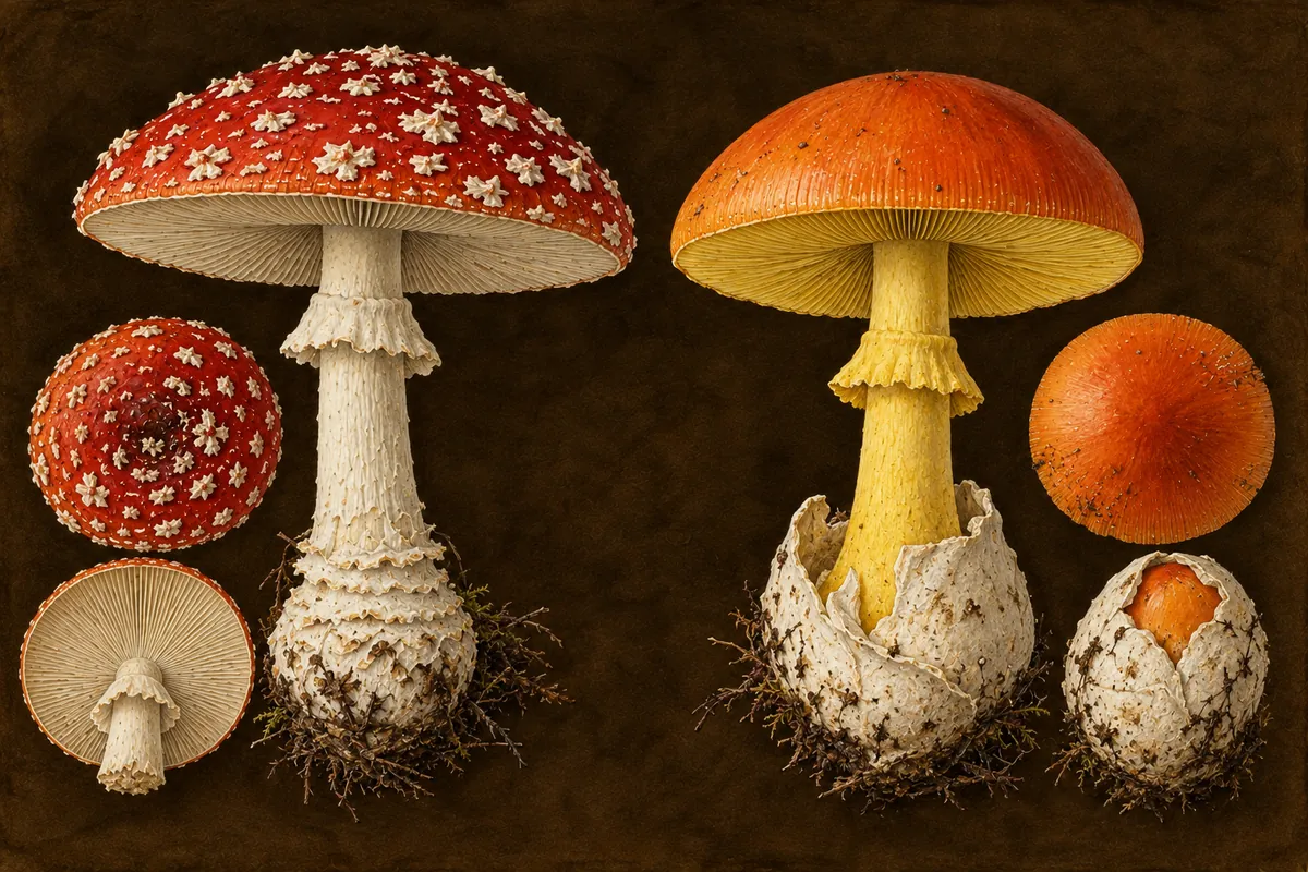 Illustration comparing fly agaric with white gills and Caesar's mushroom with yellow gills and a white cup-shaped base