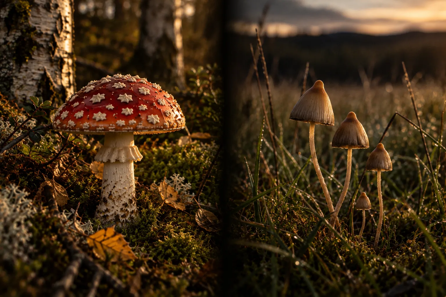 Fly agaric in a forest on the left and small liberty cap mushrooms in grass on the right