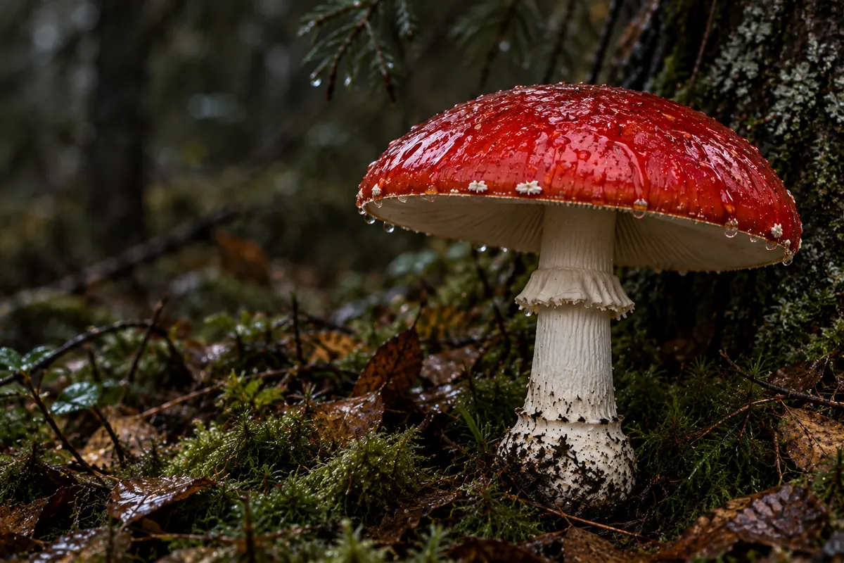 Fly agaric with a red cap and almost no white spots after the rain washed them off