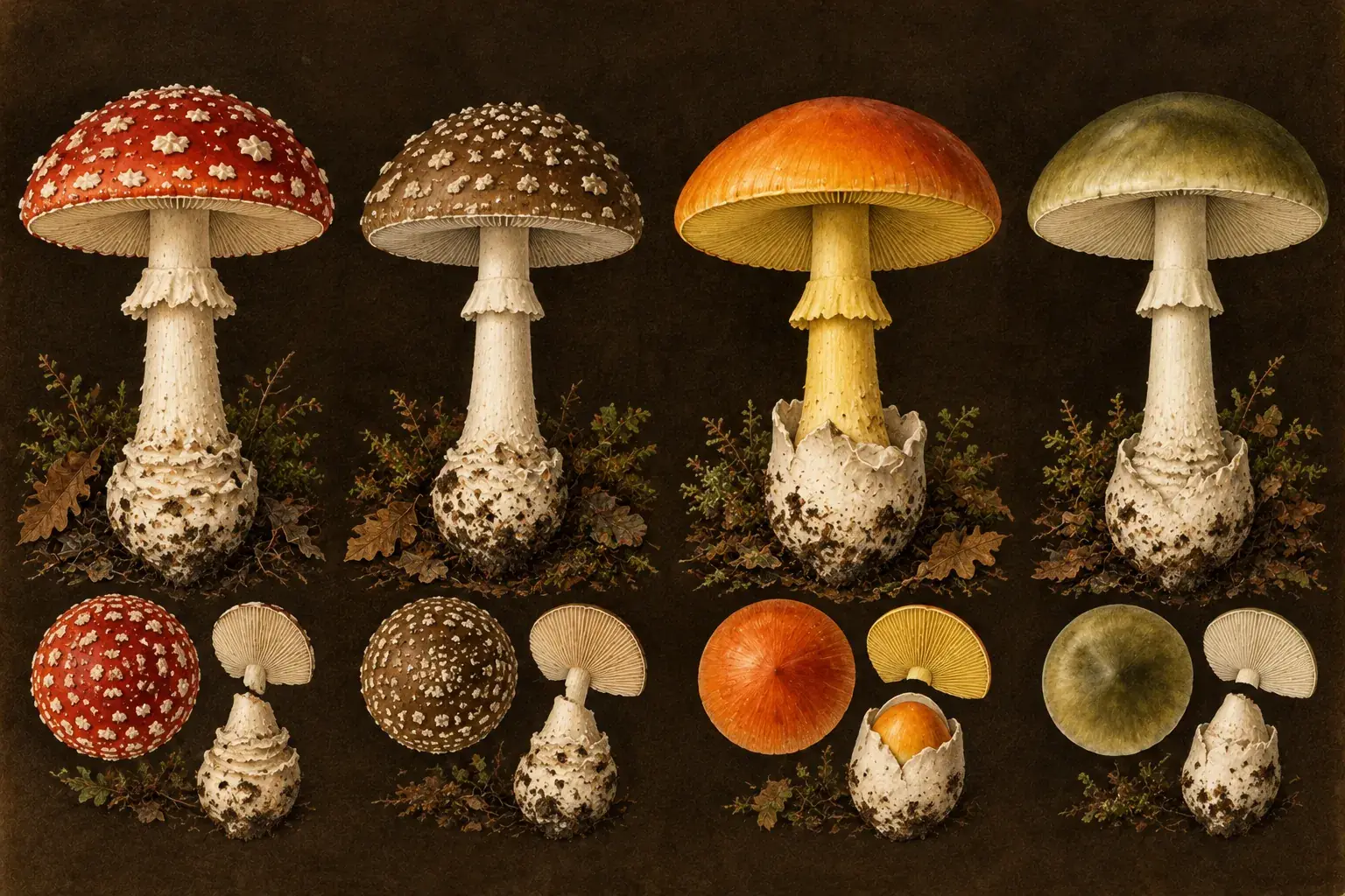 Ilustración botánica de cuatro especies de Amanita: falsa oronja, Amanita pantherina, oronja y Amanita phalloides