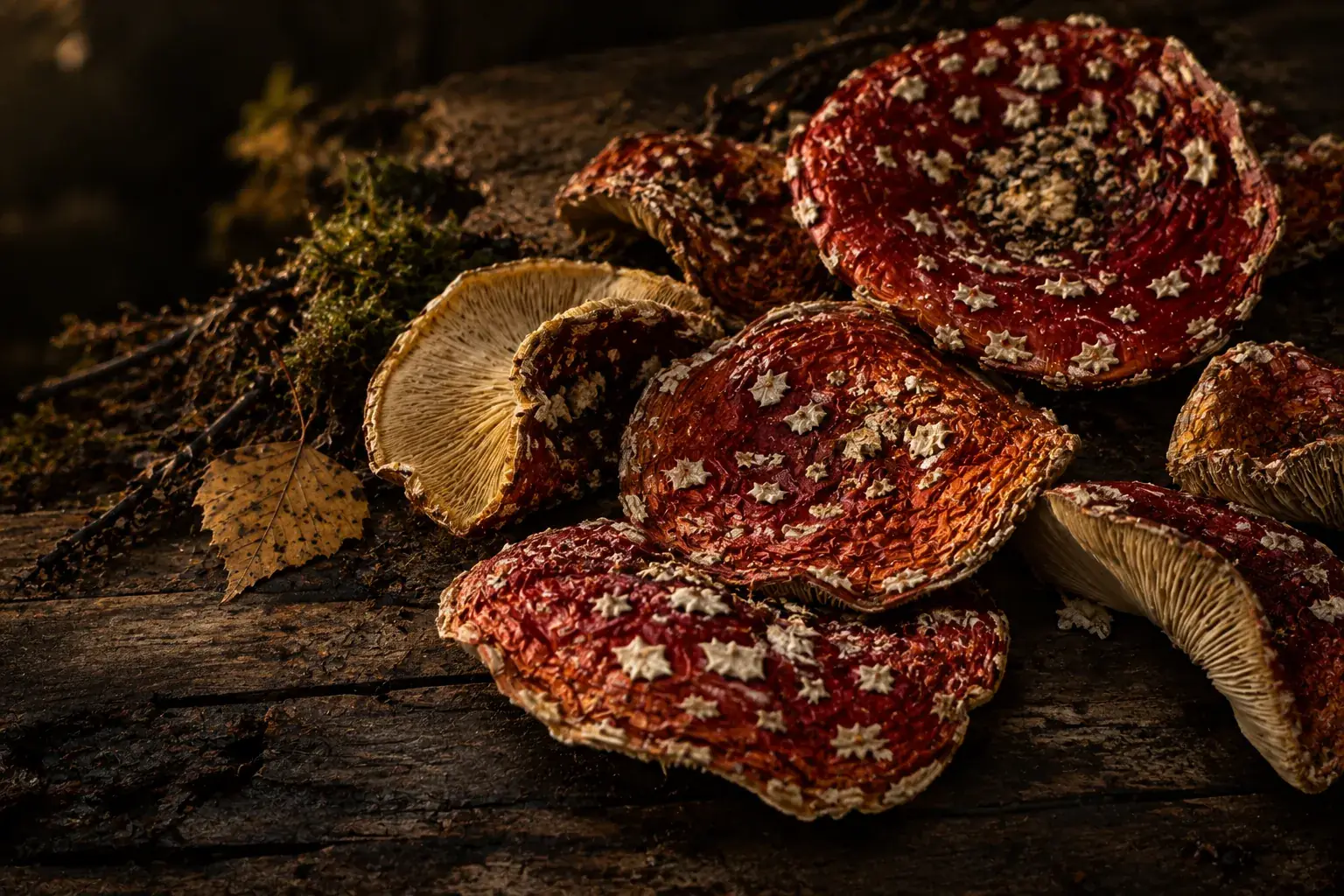 Whole dried Amanita muscaria caps in red and orange tones on a dark wooden surface